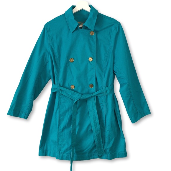 Michael Kors Trench Coat Women’s Large Teal Double Breasted Belted Pockets - Picture 1 of 14